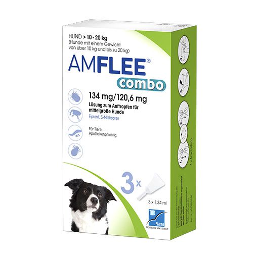 AMFLEE combo geg. Zecken, Flöhe (+Eier+Larven) für Hunde (10-20 kg)